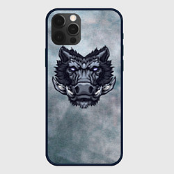 Чехол iPhone 12 Pro Стальной дикий кабан на сером фоне
