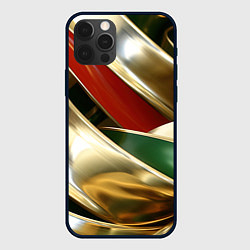 Чехол iPhone 12 Pro Золотая абстракция с зелеными и красными вставками