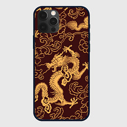 Чехол iPhone 12 Pro Черно-золотая гравюра дракона