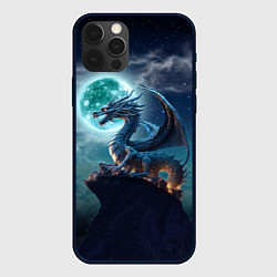 Чехол iPhone 12 Pro Дракон на скале на фоне луны