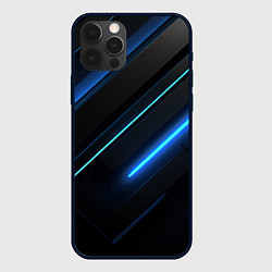 Чехол iPhone 12 Pro Черный абстрактный фон и синие неоновые вставки