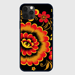 Чехол iPhone 12 Pro Хохломская роспись красно-жёлтые цветы на чёрном ф