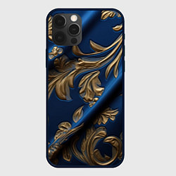 Чехол iPhone 12 Pro Лепнина узоры золотистые на синем фоне