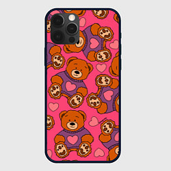 Чехол для iPhone 12 Pro Мишки игрушки в розовых свитерах и сердечки, цвет: 3D-черный