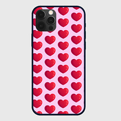 Чехол для iPhone 12 Pro Красные сердца на розовом фоне, цвет: 3D-черный