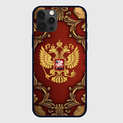 Чехол iPhone 12 Pro Золотой герб России на красном фоне лепнина