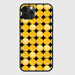 Чехол для iPhone 12 Pro Золотые монеты Биткоин, Доджкоин, Шиба ину паттерн, цвет: 3D-черный