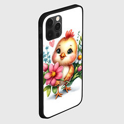 Чехол для iPhone 12 Pro Мультяшный цыпленок с цветами, цвет: 3D-черный — фото 2
