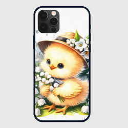Чехол для iPhone 12 Pro Мультяшный цыпленок с цветами ландыша, цвет: 3D-черный