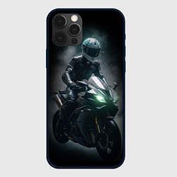 Чехол iPhone 12 Pro Мотоциклист на спортивном байке черный фон