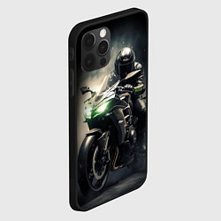 Чехол для iPhone 12 Pro Мотоциклист на спортивном байке с зелеными фарами, цвет: 3D-черный — фото 2