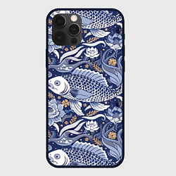 Чехол для iPhone 12 Pro Рыба карп - синий корейский узор, цвет: 3D-черный