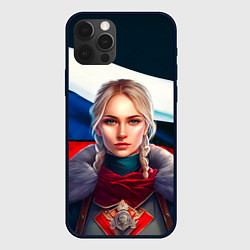 Чехол iPhone 12 Pro Блондинка с косами - флаг России