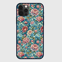 Чехол для iPhone 12 Pro Пионы паттерном садовые крупные цветы, цвет: 3D-черный