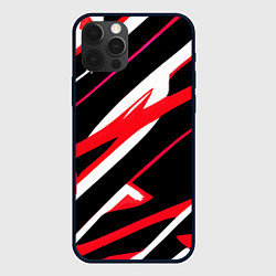 Чехол iPhone 12 Pro Красно-белые полосы на чёрном фоне