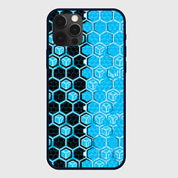 Чехол iPhone 12 Pro Техно-киберпанк шестиугольники голубой и чёрный