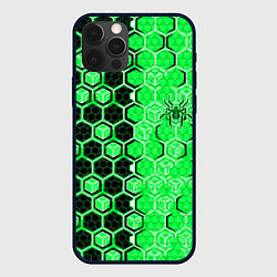 Чехол iPhone 12 Pro Техно-киберпанк шестиугольники зелёный и чёрный с