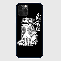 Чехол для iPhone 12 Pro Кот самурай - вакидзаси в зубах, цвет: 3D-черный
