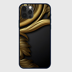Чехол iPhone 12 Pro Золотые объемные листья на черном
