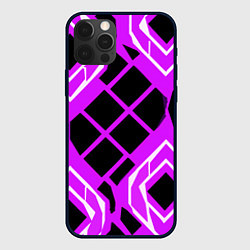 Чехол iPhone 12 Pro Чёрные квадраты и белые полосы на фиолетовом фоне