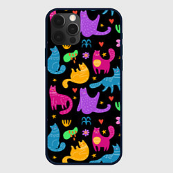 Чехол для iPhone 12 Pro Паттерн разноцветных котиков, цвет: 3D-черный