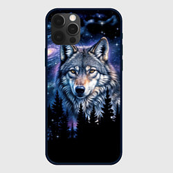 Чехол iPhone 12 Pro Волк и черный лес - звездная ночь - галактика