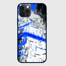 Чехол iPhone 12 Pro Сине-белая абстракция на чёрном фоне