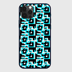 Чехол iPhone 12 Pro Бело-голубые фигуры на чёрном фоне