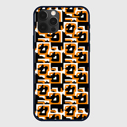 Чехол iPhone 12 Pro Бело-оранжевые фигуры на чёрном фоне