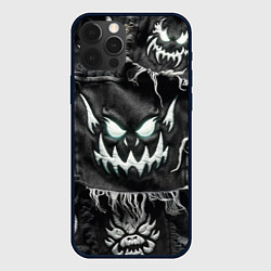 Чехол iPhone 12 Pro Облик монстра на пэчворк джинсах