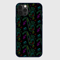 Чехол iPhone 12 Pro Неоновый саксофон и музыкальные ноты