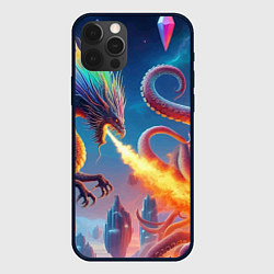 Чехол iPhone 12 Pro Огнедышащий дракон против осьминога - нейроарт фан