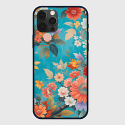 Чехол для iPhone 12 Pro Цветочки на голубом фоне, цвет: 3D-черный