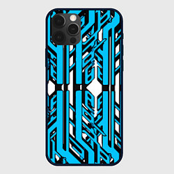 Чехол iPhone 12 Pro Чёрно-синие техно полосы на белом фоне