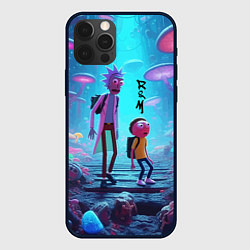 Чехол iPhone 12 Pro Рик и Морти на планете неоновых грибов - нейроарт