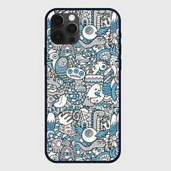 Чехол для iPhone 12 Pro Дудлинг серо-голубой, цвет: 3D-черный