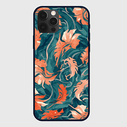Чехол iPhone 12 Pro Рыже-бирюзовый паттерн с осенними листьями, AI