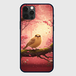 Чехол для iPhone 12 Pro Желтая птица в розовом цветущем лесу, цвет: 3D-черный