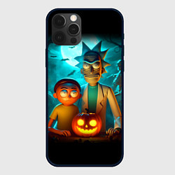 Чехол iPhone 12 Pro Morty and Rick with pumpkin - neon halloween