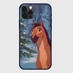 Чехол iPhone 12 Pro Лошадь на фоне новогодней елки