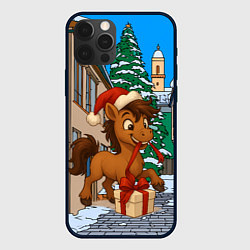 Чехол для iPhone 12 Pro Лошадка распаковывает новогодний подарок, цвет: 3D-черный
