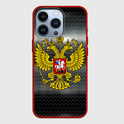 Чехол iPhone 13 Pro Герб России на металлическом фоне