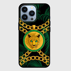Чехол iPhone 13 Pro Золотой леопард и цепь