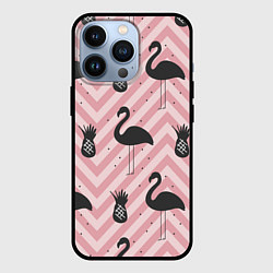 Чехол iPhone 13 Pro Черный фламинго арт