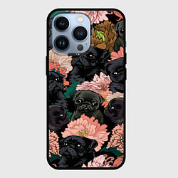 Чехол для iPhone 13 Pro Мопсы и Цветы, цвет: 3D-черный