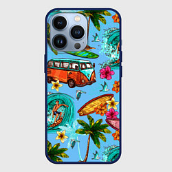 Чехол для iPhone 13 Pro Пальмы, волны, серфинг, цвет: 3D-тёмно-синий
