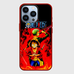 Чехол iPhone 13 Pro Зоро и Луффи в огне One Piece