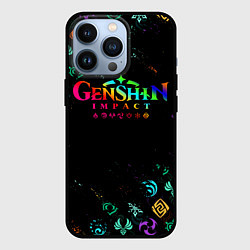 Чехол для iPhone 13 Pro GENSHIN IMPACT NEON LOGO RAINBOW STYLE, ЭМБЛЕМЫ, цвет: 3D-черный