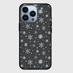 Чехол iPhone 13 Pro Белые снежинки на сером фоне