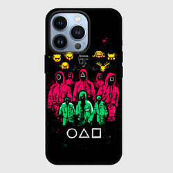 Чехол для iPhone 13 Pro Игра в кальмара: игроки, охранники, ведущий, гости, цвет: 3D-черный